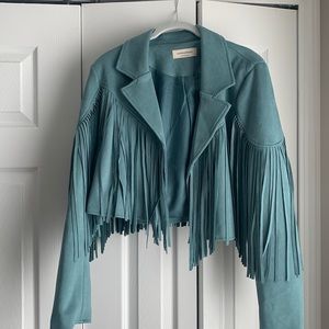 Saints and hearts blue suede fringe jacket
